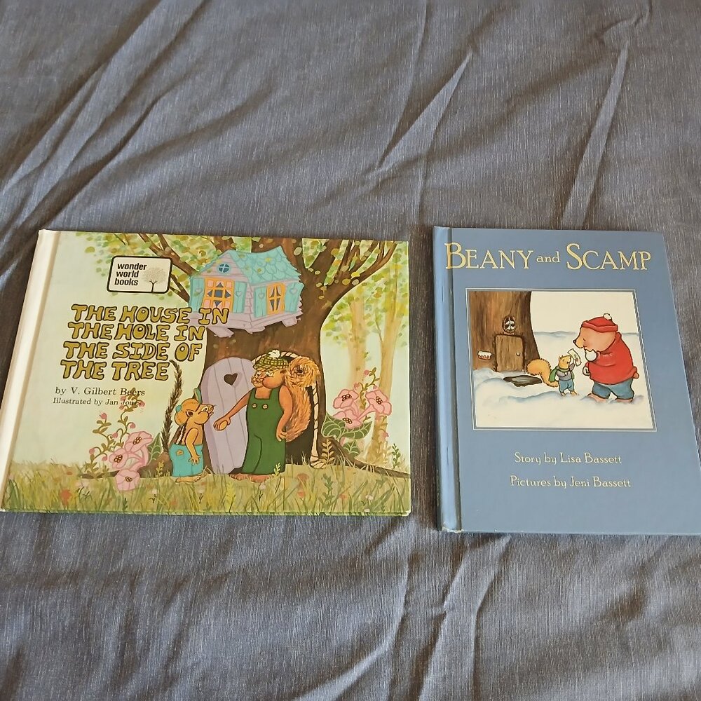 Beany and Scamp by Bassett + House in the hole in the side of the tree by Beers
